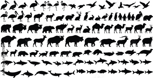 Black animal silhouette vector illustration featuring birds, mammals, aquatic species, decorative design, isolated background, perfect for stock content discoverability