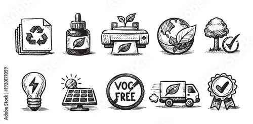 A set of hand-drawn ecology icons in black and white, representing sustainability, recycling, and eco-friendly practices. Perfect for environmentally conscious design projects.