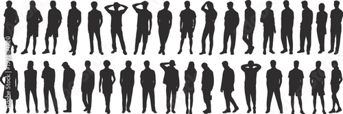 Collection of standing business people silhouettes in various poses, professional men and women full body isolated on white background for corporate design projects