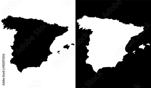 Contrast comparison of spain's geographical silhouette with black and white inversion. Vector