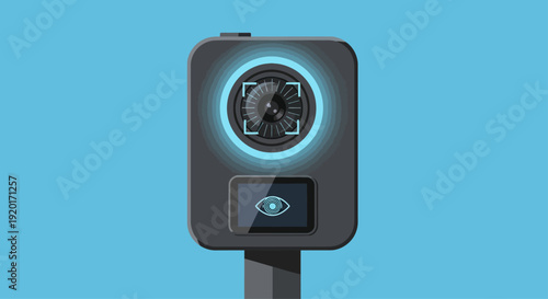 Security camera with glowing blue ring and lens on a blue background viewed from the front