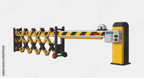 Barrier gate with striped arm controlling entry and exit, viewed from the side in a industrial setting