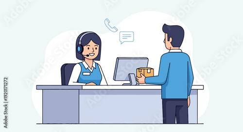 Customer service representative assisting a customer at a counter with a computer and a transaction