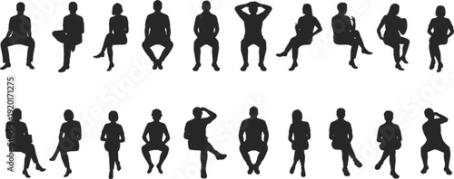 Collection of twenty diverse human silhouettes sitting in various poses, showcasing casual and formal seated postures for design, animation, ergonomics, and body language studies