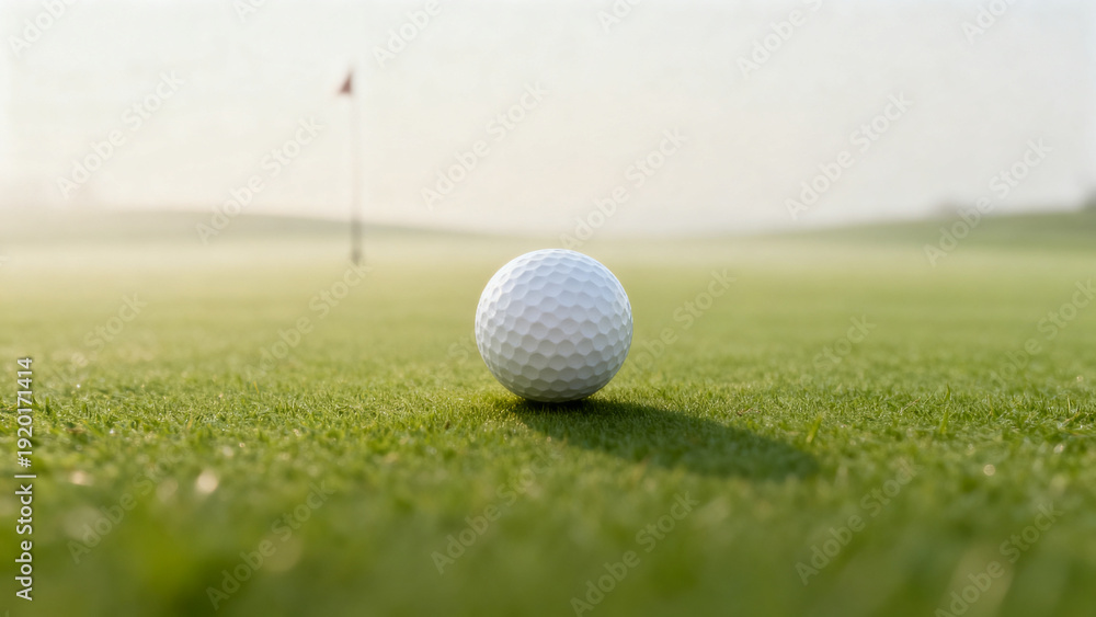 Obraz premium Golf Ball on Green Grass with Flag in Foggy Morning Light