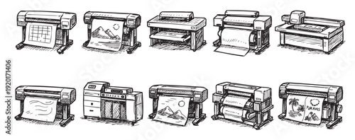 Hand-drawn illustration of various plotters and printers, isolated on white. Ideal for representing printing services, design, engineering, and technical drawing. Vector style adds a creative touch.