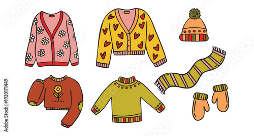 Cozy autumn doodle set of autumn clothing hat mittens scarf cardigans sweaters, hand drawn warm rustic style
