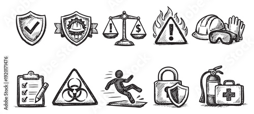 Hand drawn icon set featuring workplace safety symbols like a safety shield, risk scales, biohazard, construction worker, gas mask and more. Safety management.