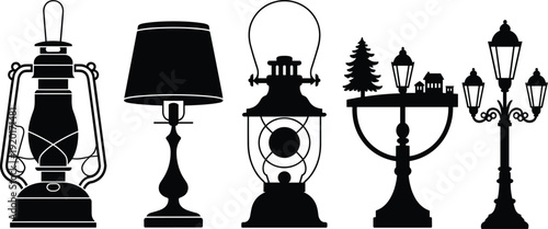 Vintage Lamp and Lantern Silhouette Set Including Kerosene Lamp, Table Light, Street Lantern and Decorative Outdoor Lighting Isolated on White