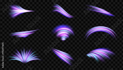 Abstract curve light trails set with glowing neon speed swirl lines on a transparent background
