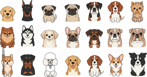 Cute Dog Breeds Vector Set with Various Puppy Faces Including Pug Bulldog Husky and Terrier for Pet Care Branding and Animal Designs