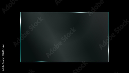 Horizontal glass frame with glowing highlights along edges. Dark translucent surface with soft light reflections. Modern minimalist interface element for design.