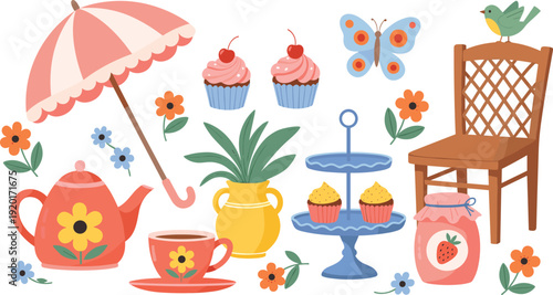 Cute Garden Tea Party Vector Set with Teapot Cupcakes Umbrella Flowers and Chair for Spring Picnic Celebration and Decorative Design Projects