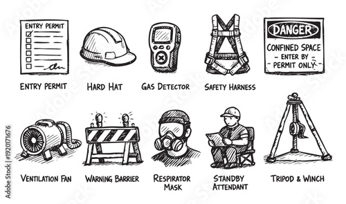 Hand-drawn vector illustration showing confined space entry equipment: permit, gas detector, harness, fan, tripod, attendant. For training, education, risk management, safety procedures.