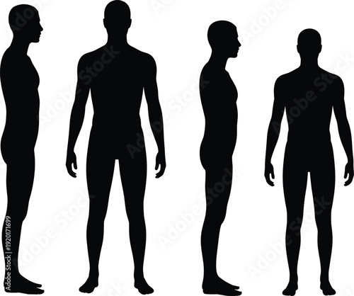 Four human body silhouettes in front, back, and side views, showing anatomical proportions for design, medical illustration, fashion, and ergonomic posture reference studies