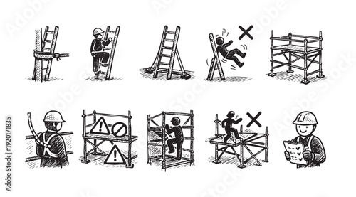 Hand-drawn illustrations depicting ladder and scaffolding safety, including proper use, hazard awareness, and accident prevention. For safety manuals, training materials, and workplace posters.