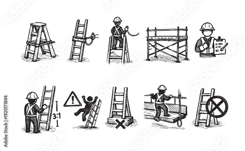 Illustration showing construction safety icons including ladders, scaffolding, safety checklists, and warnings. Black and white sketch suitable for safety training or educational materials.