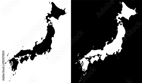 Contrast comparison of a black and white outline map of japan with inverted colors Vector