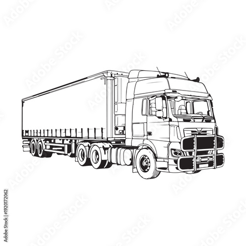 Cargo Truck Line Art Vector – Heavy Duty Delivery Truck Outline Illustration, Logistics and Transportation Sketch.