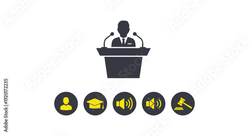 Graphic vector illustration set representing a speaker at a podium with education volume and legal icons
