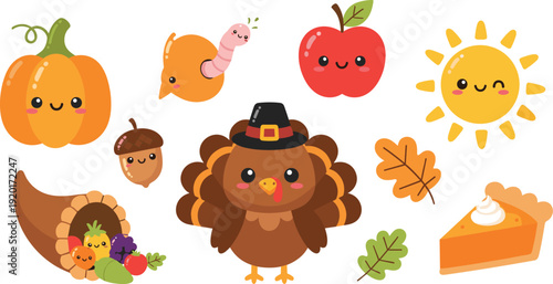 Cute Thanksgiving symbols with smiling turkey and harvest fruits