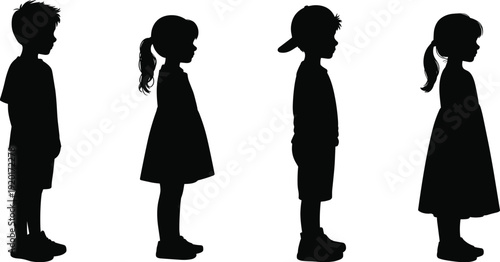 Silhouette illustration of four children standing in row, showcasing diversity in posture and attire, ideal for childhood, education, family, and lifestyle design concepts