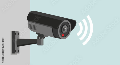 Security camera mounted on a wall emitting wireless signals to a network
