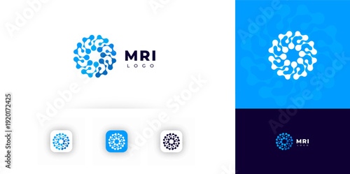 MRI medical logo, abstract blue molecular circle symbol for radiology imaging, hospital, clinic, healthcare brand, app icon. MRI logos for diagnostic imaging and clinic branding. Vector illustration