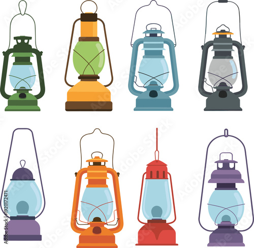 Vintage oil lantern vector set with colorful kerosene lamps, retro lighting designs for camping, outdoor illumination and decorative classic lamp illustration collection