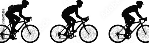 Silhouette of cyclists riding bicycles in motion sequence, showcasing different postures and dynamic movement, ideal for sports, fitness, transportation, and lifestyle concepts