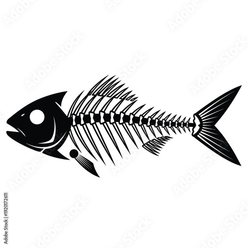 A black silhouette of a fish skeleton is displayed on a white background.