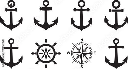 Anchor and compass symbols in black on white background nautical