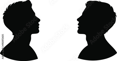 Silhouette profiles of two human heads facing each other, symbolizing communication, duality, confrontation, psychology, and interpersonal connection for design and illustration concepts