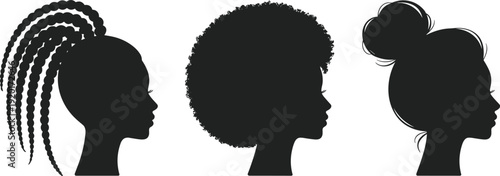 Silhouette profiles of three female heads with diverse hairstyles including braids, afro, and bun, symbolizing cultural identity, fashion, beauty, and personal expression concepts