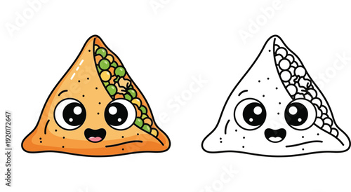 Cute kawaii cartoon samosa character with happy face showing filling. Colored illustration and black and white line art outline for kids coloring book page vector graphic.