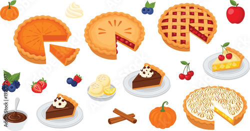 Delicious pie collection with various sweet treats and fresh fruits