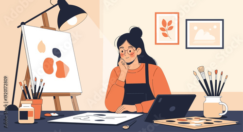 A captivating flat design vector illustration showcasing a talented woman immersed in her creative work within an art studio, highlighting her artistic skill and passion. 