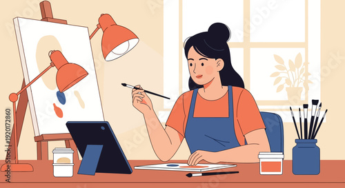 A captivating flat design vector illustration showcasing a talented woman immersed in her creative work within an art studio, highlighting her artistic skill and passion. 