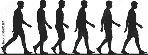 Silhouette sequence of person walking, illustrating biomechanics of human gait with six motion stages, ideal for animation, physical therapy, sports, and educational concepts