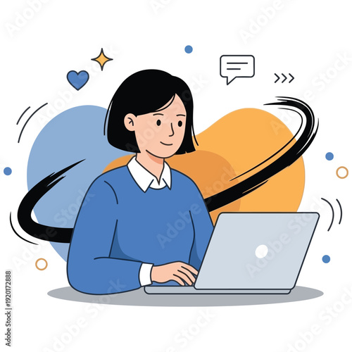 Modern Young Woman Working on Laptop – Creative Abstract Background Flat Vector Illustration (White Background)

