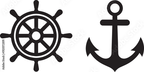Anchor and ship's wheel steering wheel nautical black and white