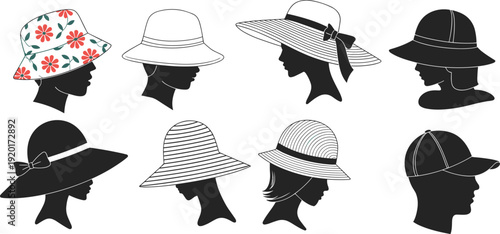 Women Hat Silhouette Collection Featuring Summer Sun Hats, Wide Brim, Bucket and Baseball Cap Styles Isolated on White Background Vector Set