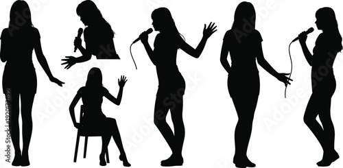 Silhouette sequence of performer holding microphone in expressive poses, capturing singing, music performance, entertainment, emotion, and dynamic stage illustration concepts