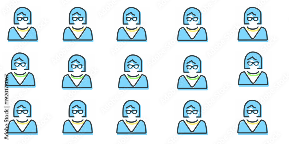 Fototapeta premium Businesswoman avatar icon set with glasses. Professional female employee for customer support, corporate user profile, and office character vector.