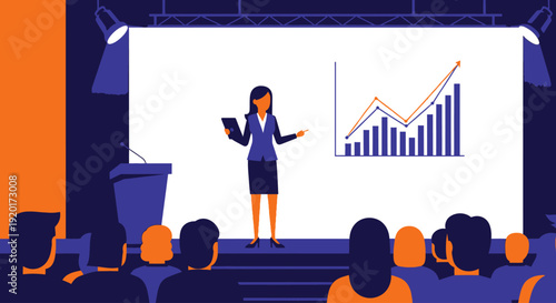 A dynamic flat design vector illustration of an accomplished and intelligent woman entrepreneur presenting her innovative ideas at a conference. 