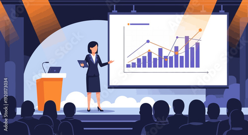 A dynamic flat design vector illustration of an accomplished and intelligent woman entrepreneur presenting her innovative ideas at a conference. 