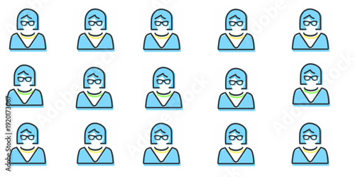 Businesswoman avatar icon set with glasses. Professional female employee for customer support, corporate user profile, and office character vector.