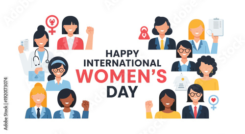 A vibrant flat design illustration celebrating International Women's Day with empowering typography surrounded by a diverse group of women representing various professions and backgrounds. 