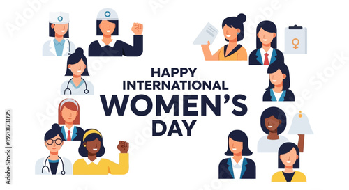 A vibrant flat design illustration celebrating International Women's Day with empowering typography surrounded by a diverse group of women representing various professions and backgrounds. 