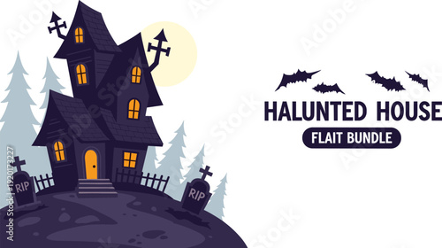 Spooky haunted house on hill with glowing windows and bats flying overhead